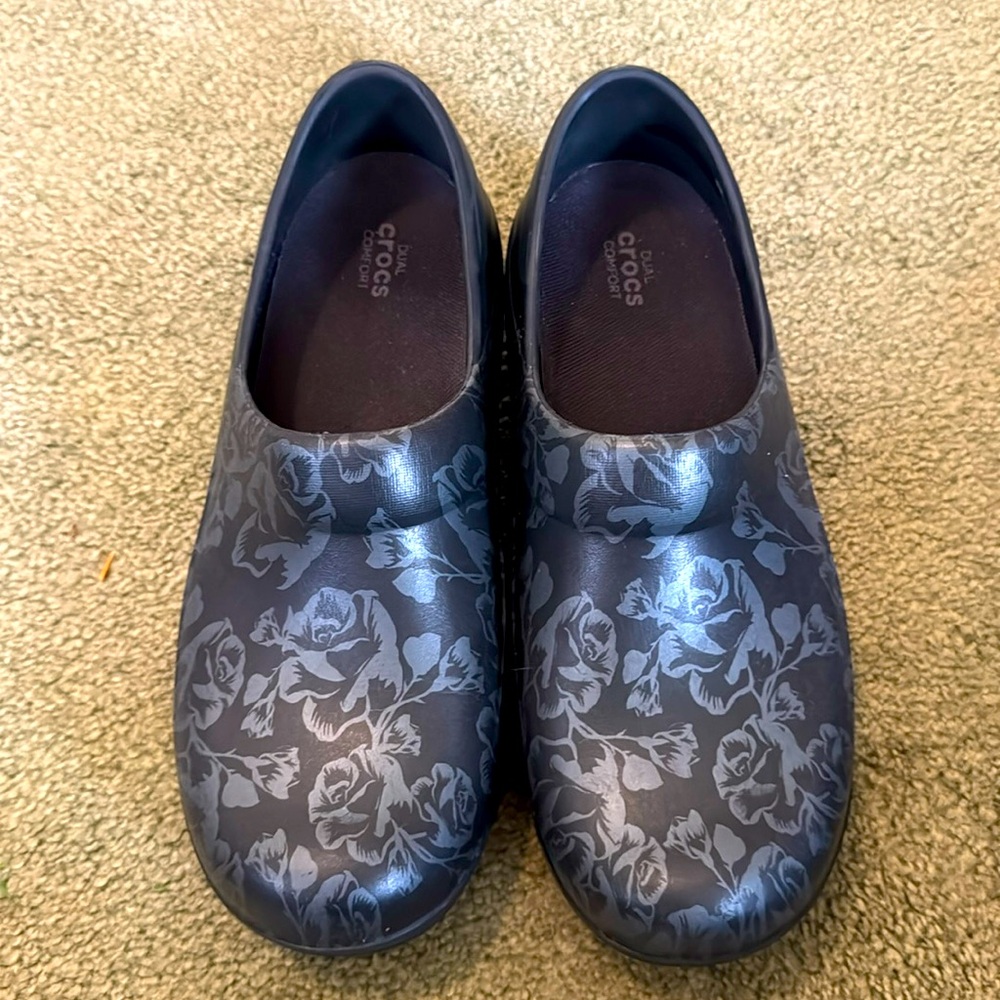 Crocs black floral mules size 10